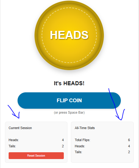 There will be a current sessions and All-time stats to show the details of spin - Just Flip a coin