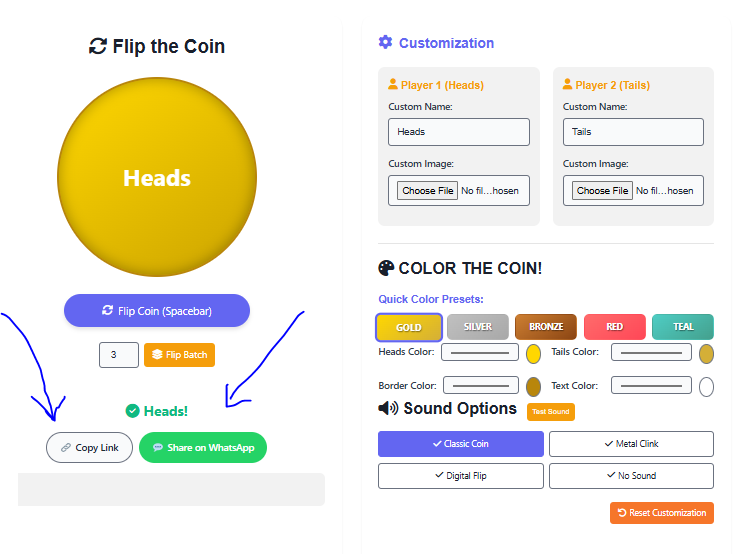 share your coin flip results with sharable link