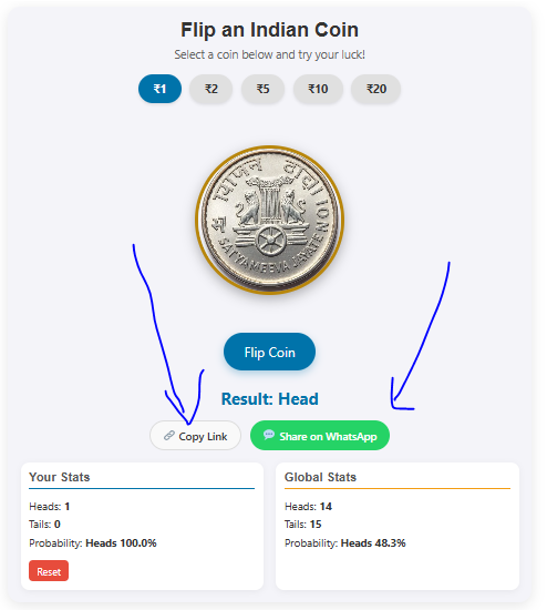 Indian coin flip tool with sharable link